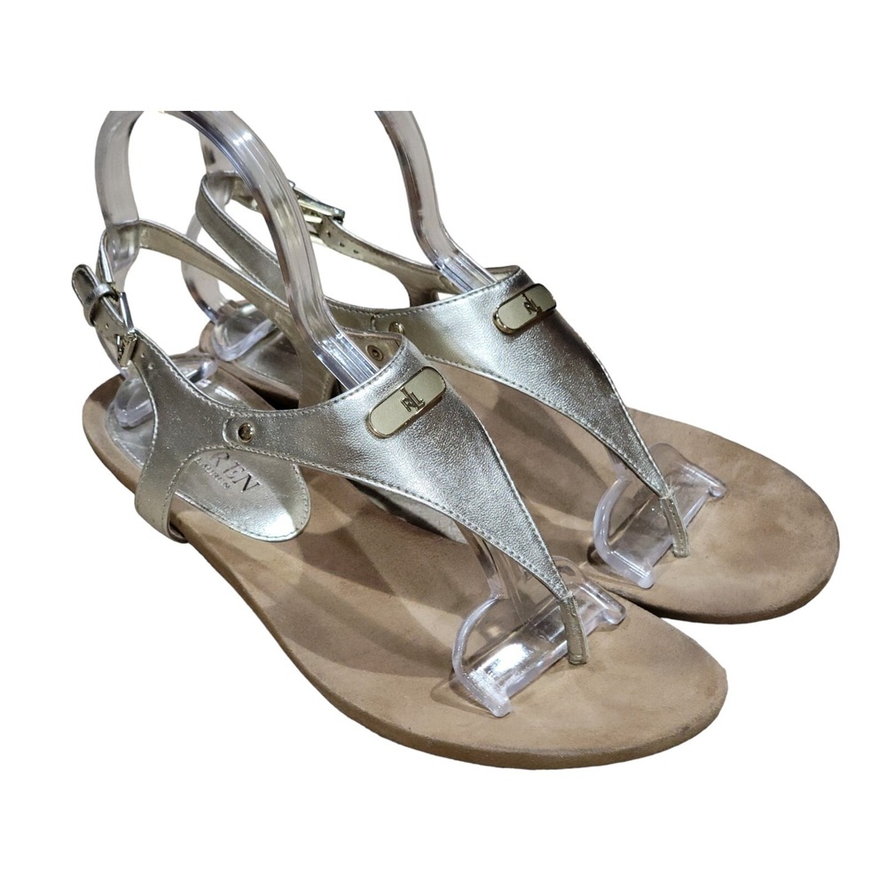 Lauren Ralph Lauren Women's Logo Light‎ gold Leather Toe Post Sandals Size 8.5 B